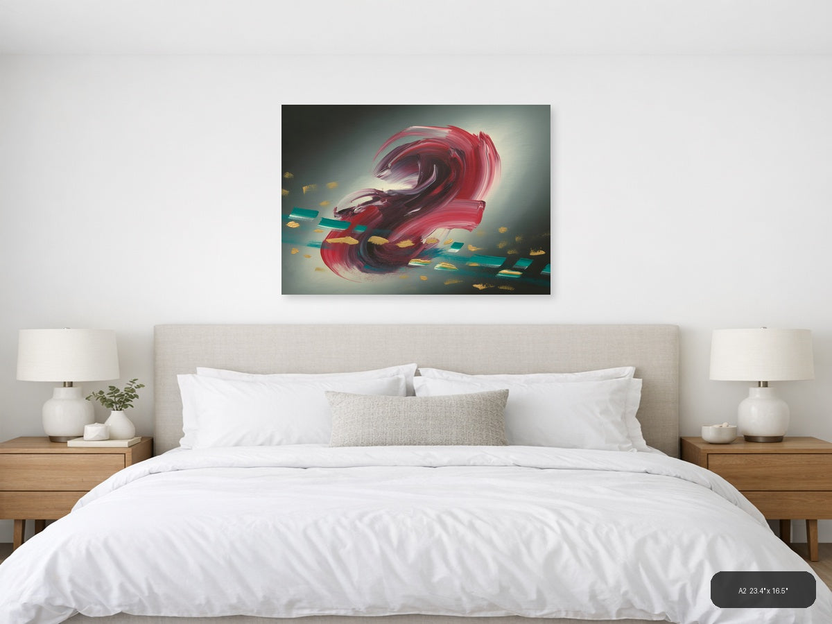 Red Abstract Swirl with Gold Accents Modern Wall Art — A2 / Bedroom