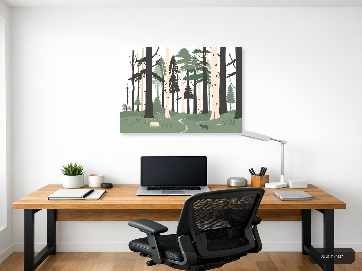 Minimalist Forest Path with Wildlife Wall Art — A2 / Office