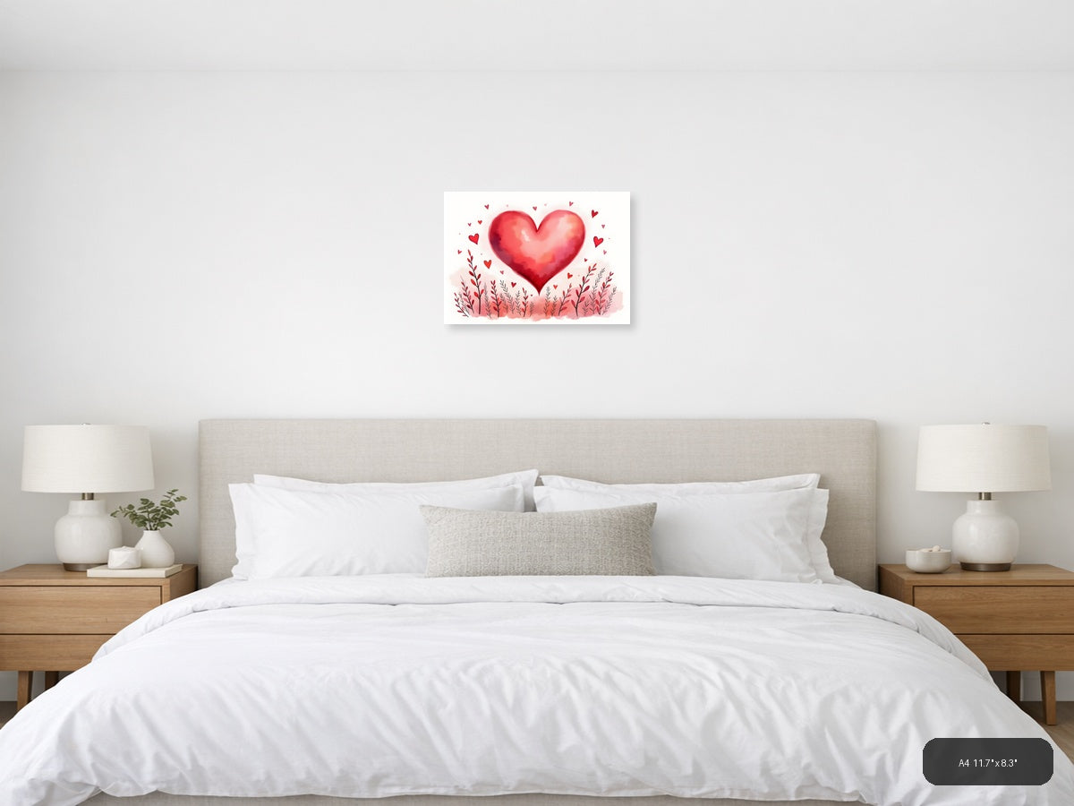 Red Watercolor Heart with Floral Field Wall Art — A4 / Bedroom