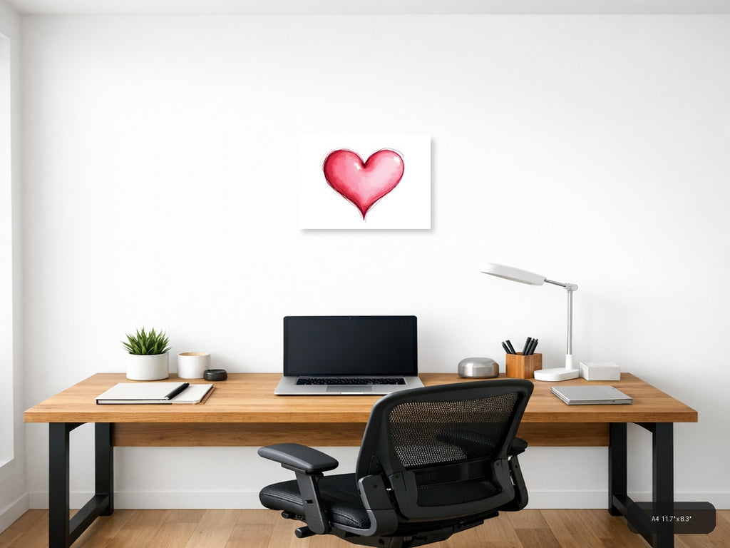 Pink Watercolor Heart Line Art Wall Art — A4 / Office