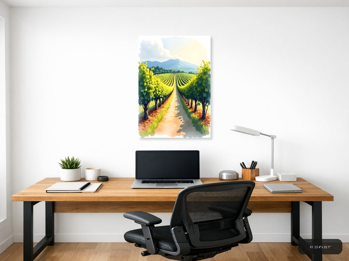 Vineyard Mountain Landscape Watercolor Wall Art — A1 / Office