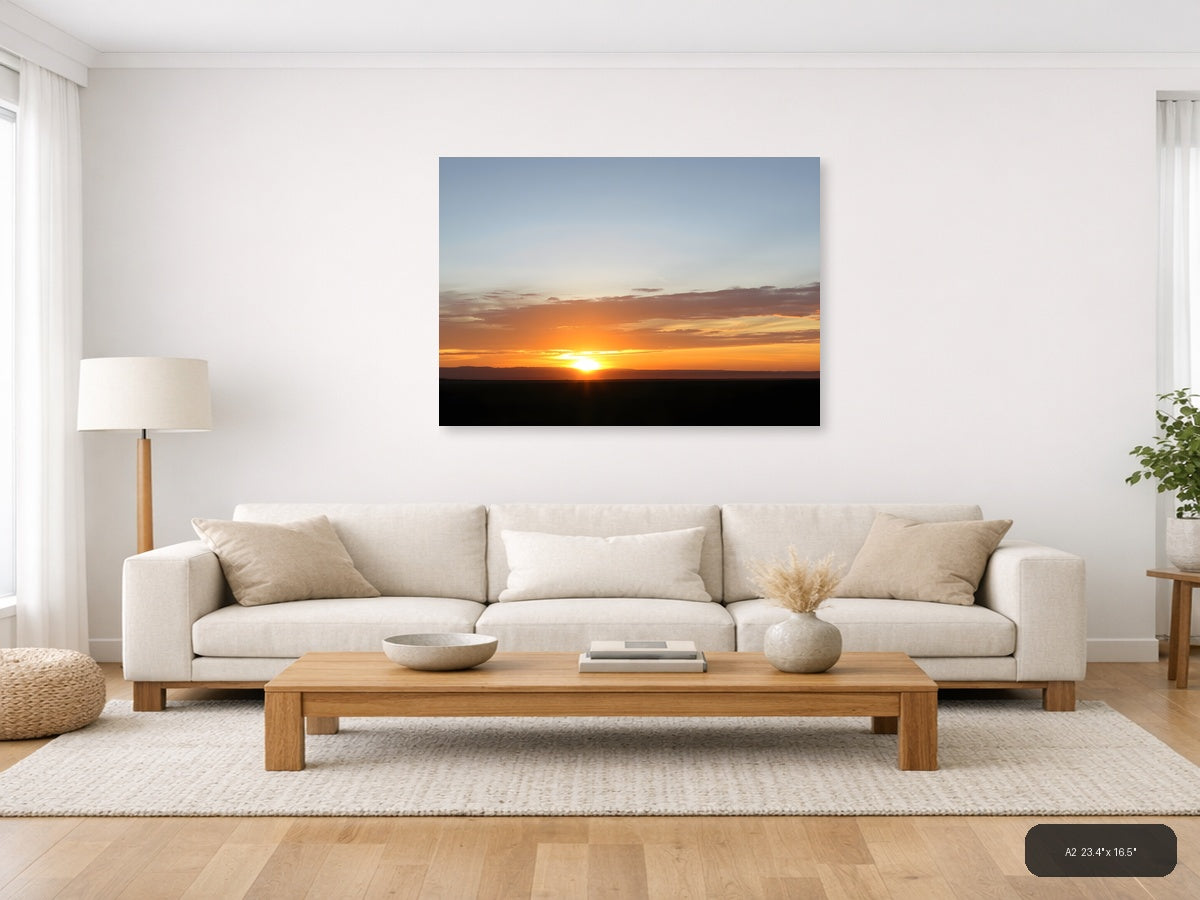 Minimalist Golden Sunset Over Dark Horizon Wall Art — A2 / Living Room