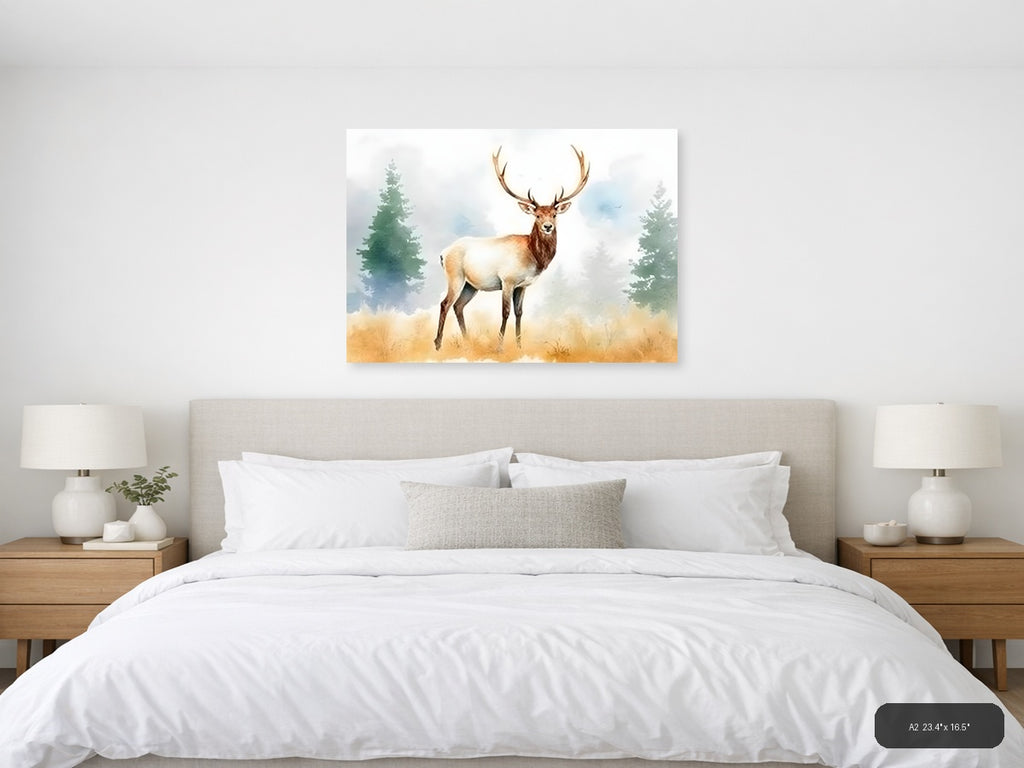 Majestic Elk in Forest Watercolor Wall Art — A2 / Bedroom