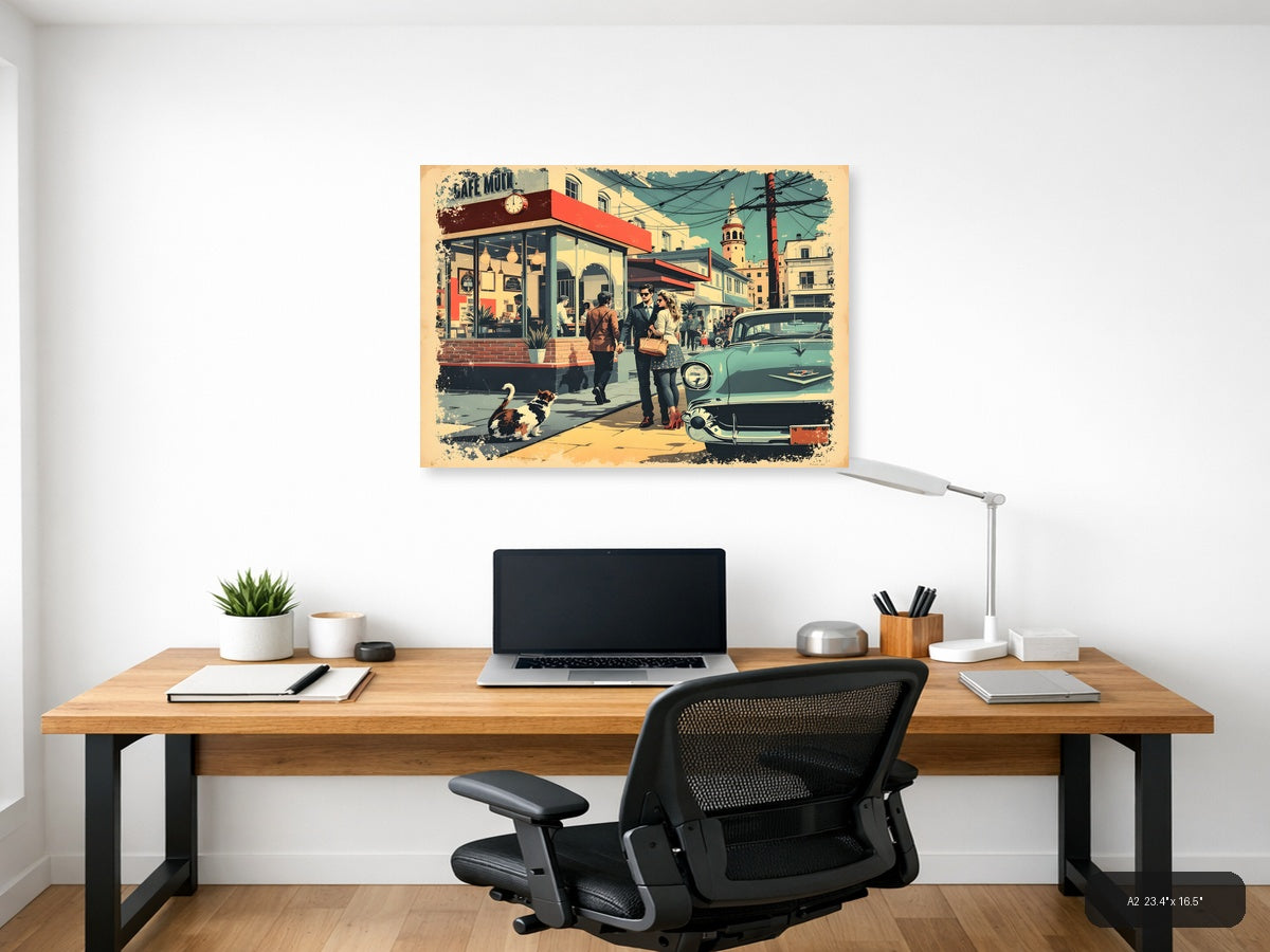 Vintage Café Street Scene with Retro Car Wall Art — A2 / Office