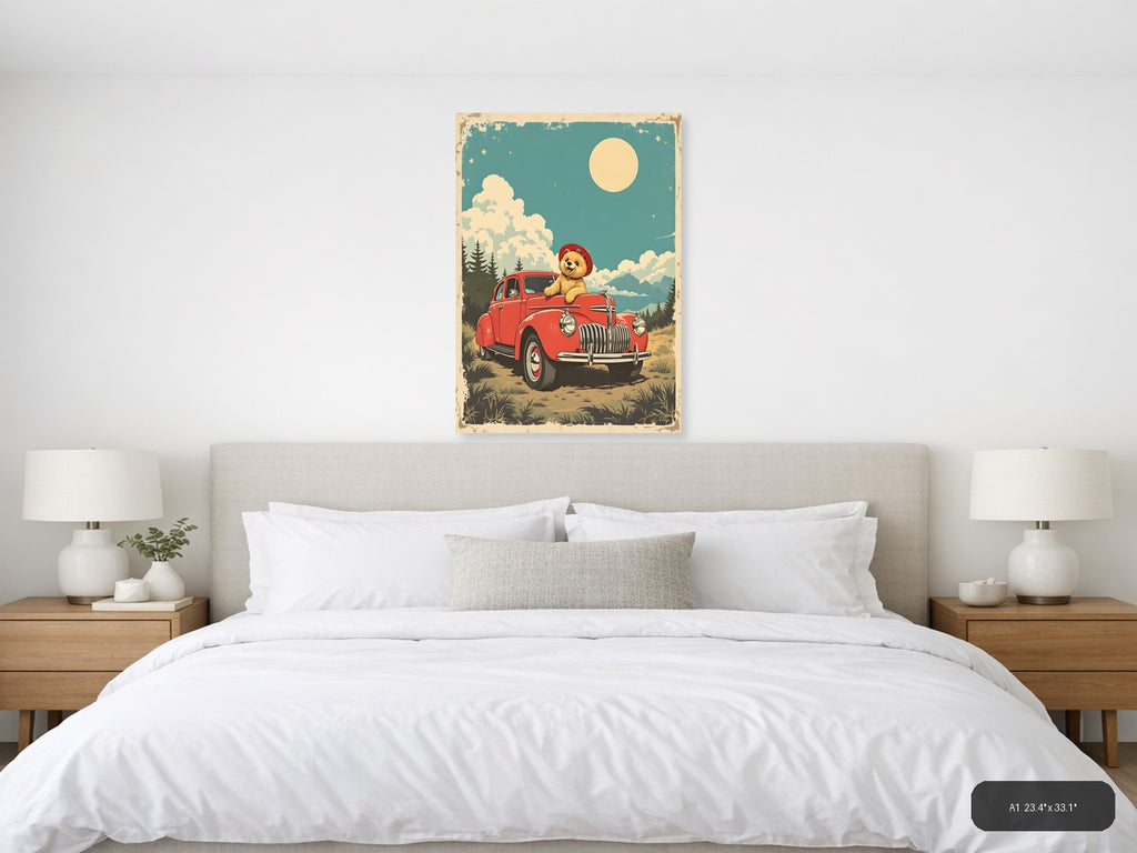 Vintage Teddy Bear in Red Truck Moonlight Wall Art — A1 / Bedroom