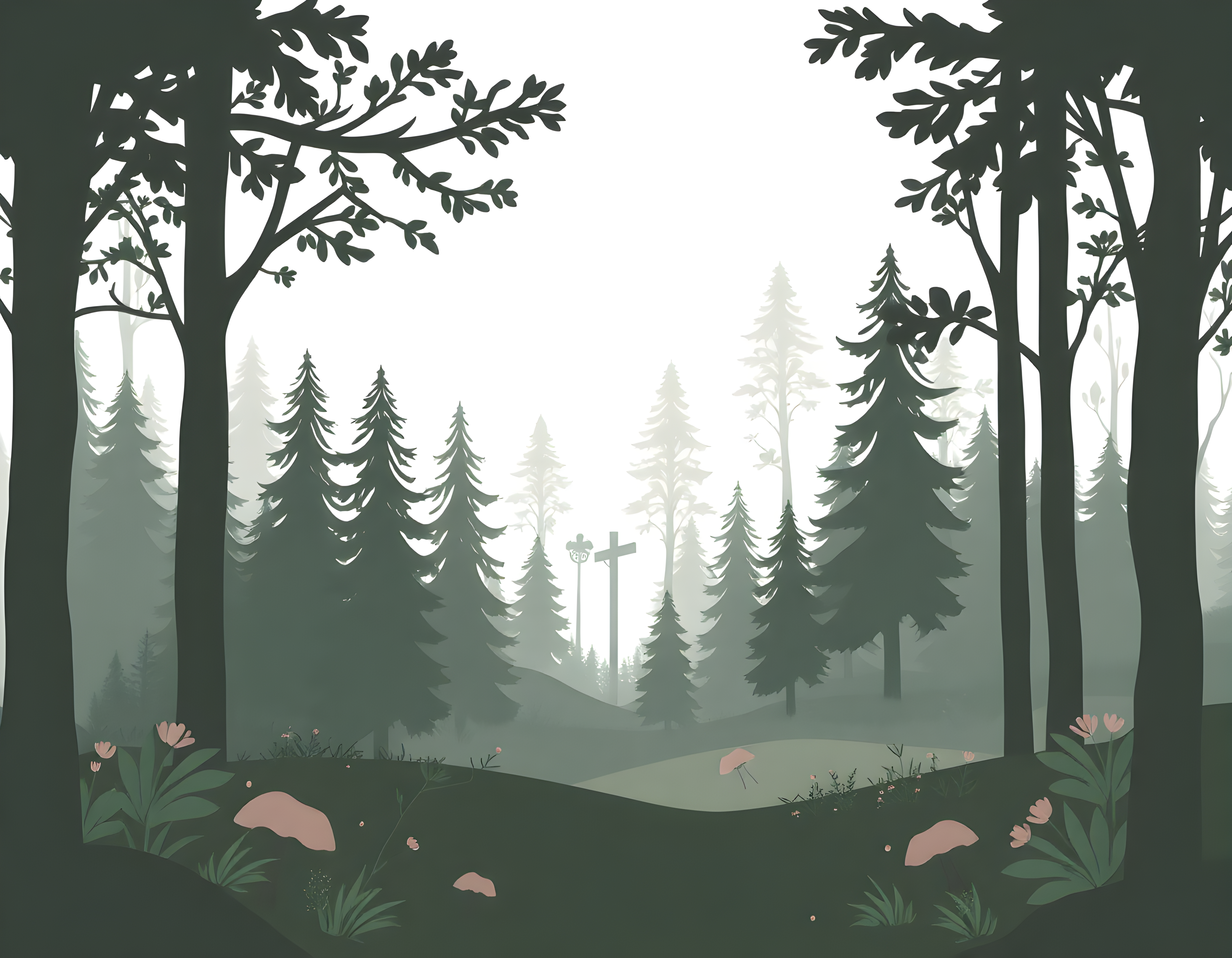 Misty Forest Cross Minimalist Landscape Wall Art