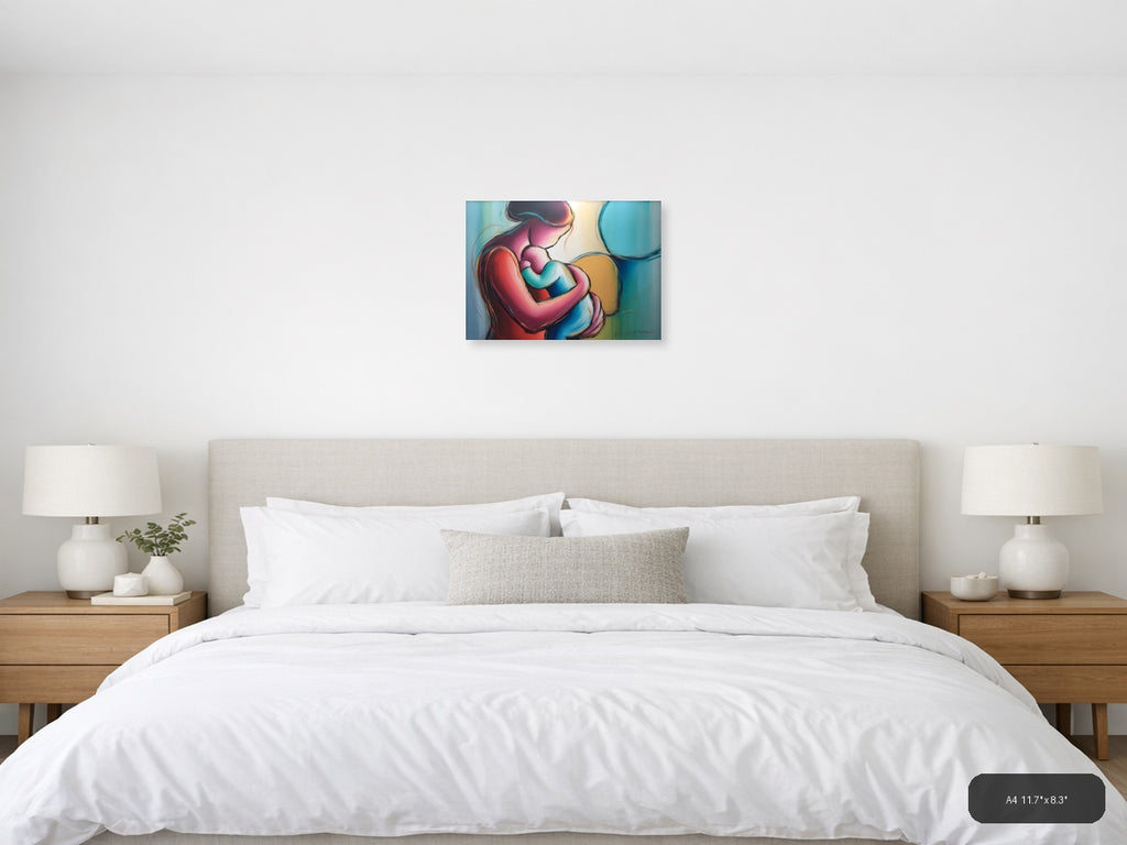 Colorful Abstract Mother and Child Embrace Wall Art — A4 / Bedroom