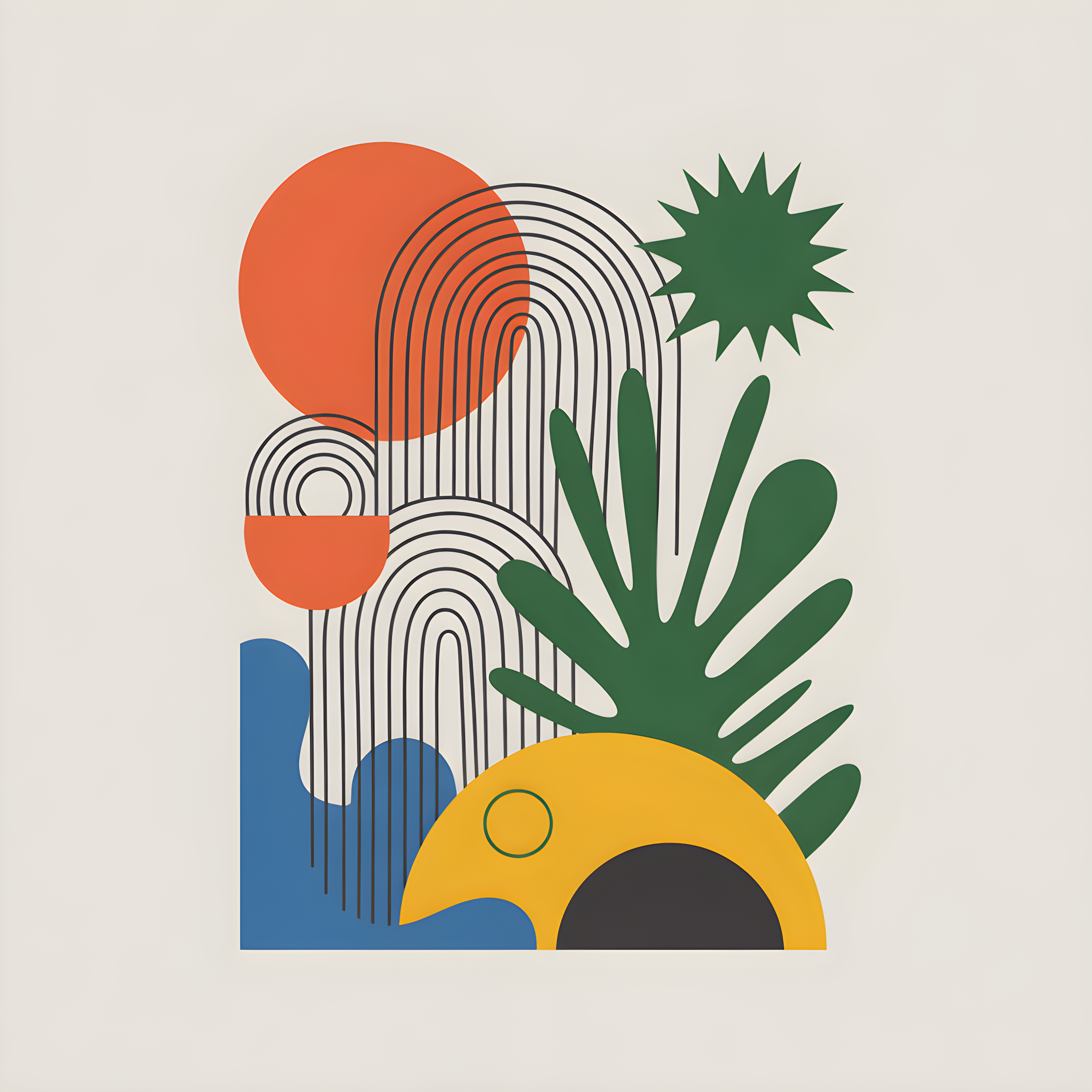 Abstract Cactus Line Art with Sun & Geometric Shapes Wall Art