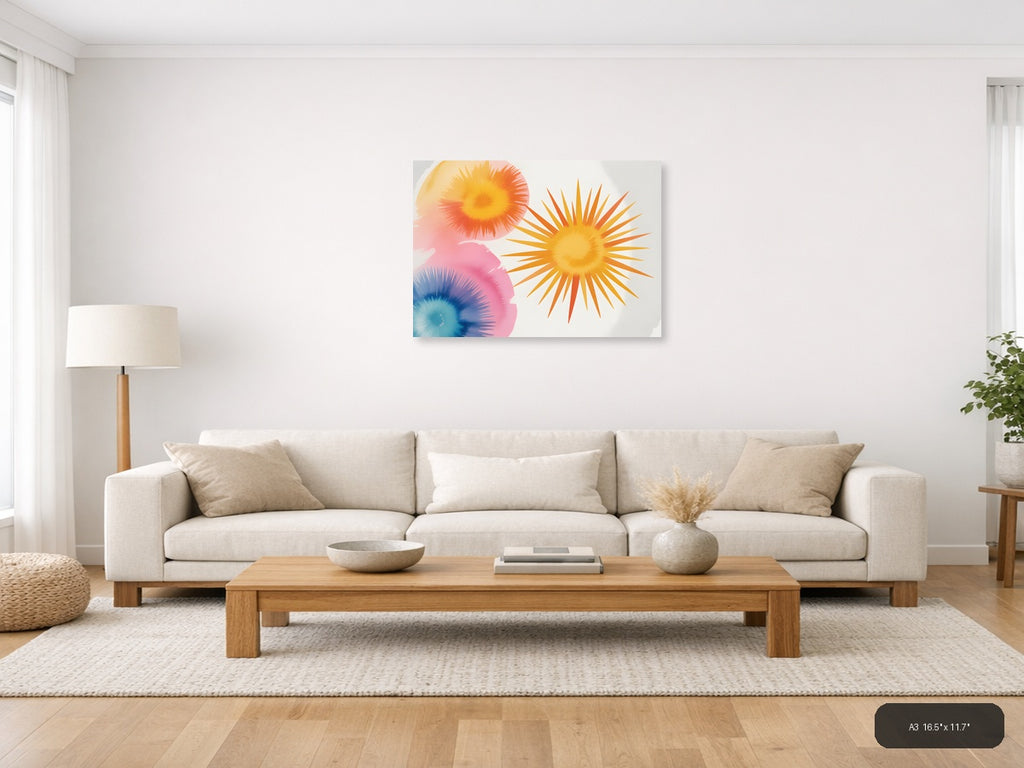 Watercolor Sunburst Flowers Abstract Wall Art — A3 / Living Room