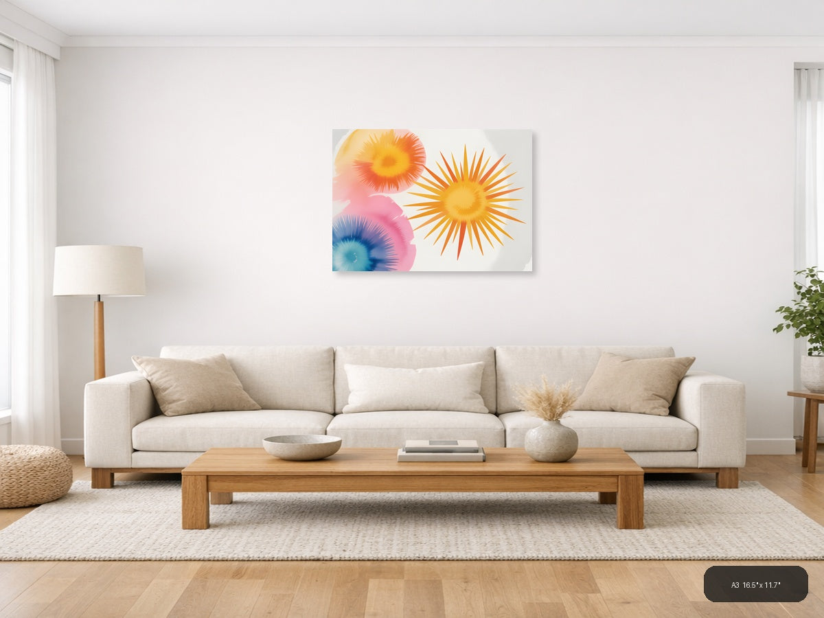 Watercolor Sunburst Flowers Abstract Wall Art — A3 / Living Room