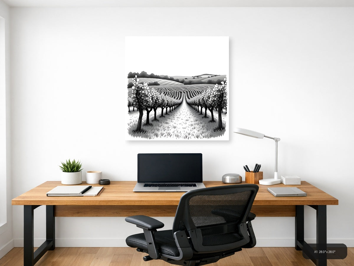 Vineyard Rows Line Art - Monochrome Landscape Wall Art — A1 / Office