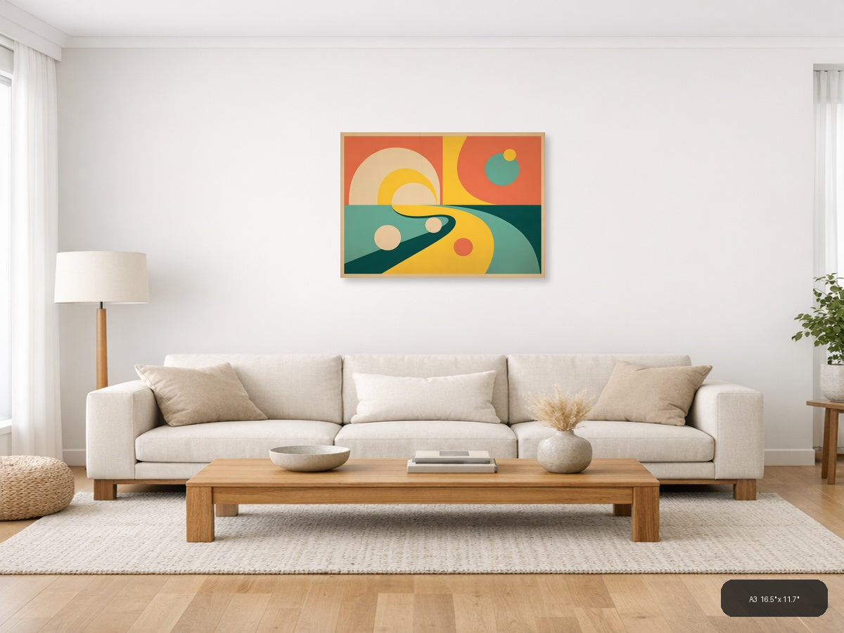 Vintage Retro Sun and Planets Landscape Wall Art — A3 / Living Room