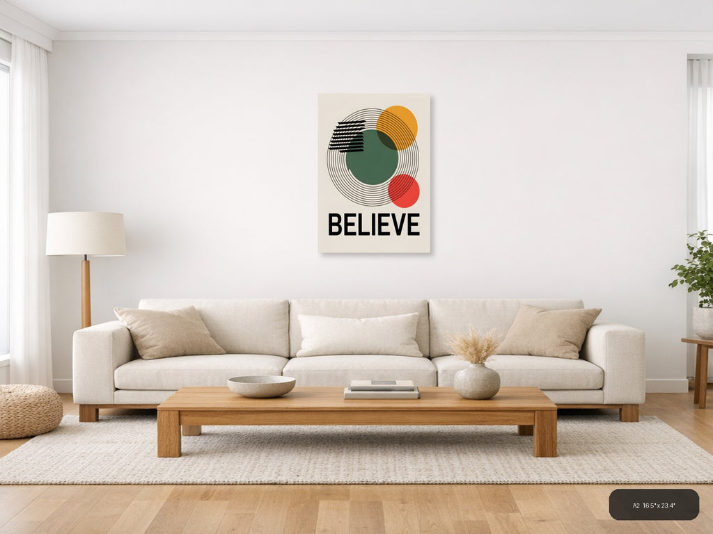 Believe Geometric Line Art with Circles Wall Art — A2 / Living Room